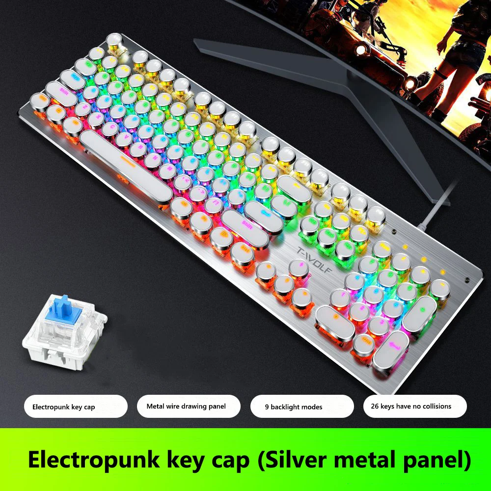 

T-WOLF T70 Wired Punk Mechanical Keyboard USB 104 Keys LED Backlight Gaming Keypad for Computer Laptop Home Office