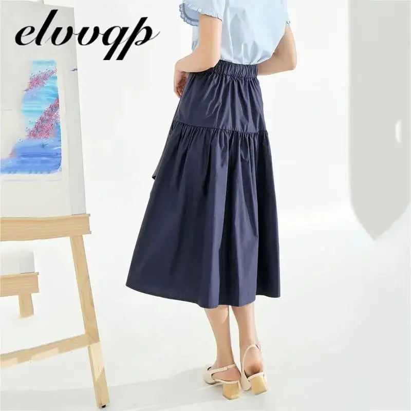 

Black Blue Skirt 2020 New Autumn Winter Women Korean Style Super Quality Female High Elastic Waist Mid-calf A-line Skirt LU1699
