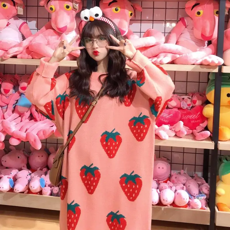 Kawaii розовый свитер длинный участок большого размера клубничный пуловер зима