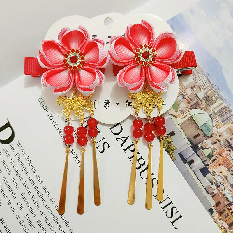 

2PCS New Gradient Flower Children Chinese Style Hairpin Solar System Small bell Hanfu Girl Children's series Hair Clips HeadWear