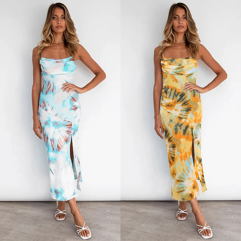 

2021Women's clothing new temperament split skirt printed suspender summer dress Free shipping