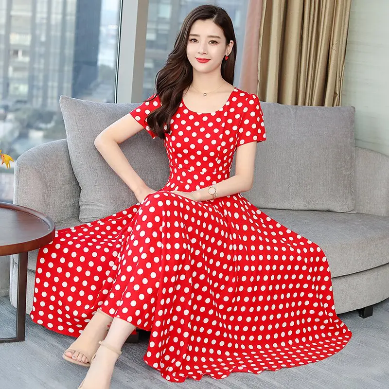 Женское богемное платье с коротким рукавом белое милое красное в горошек |