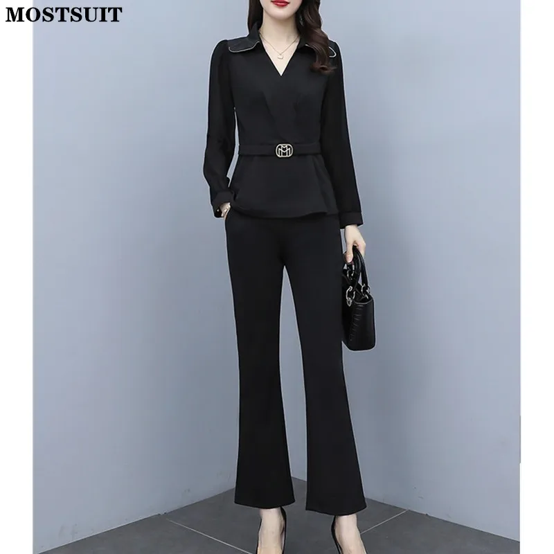 

Spring Autumn Black Workwear Pant Set Women Full Sleeve Tops & Flare Pants Suits Ol Style Fashion Chic Elegant Female 2 Piec Set