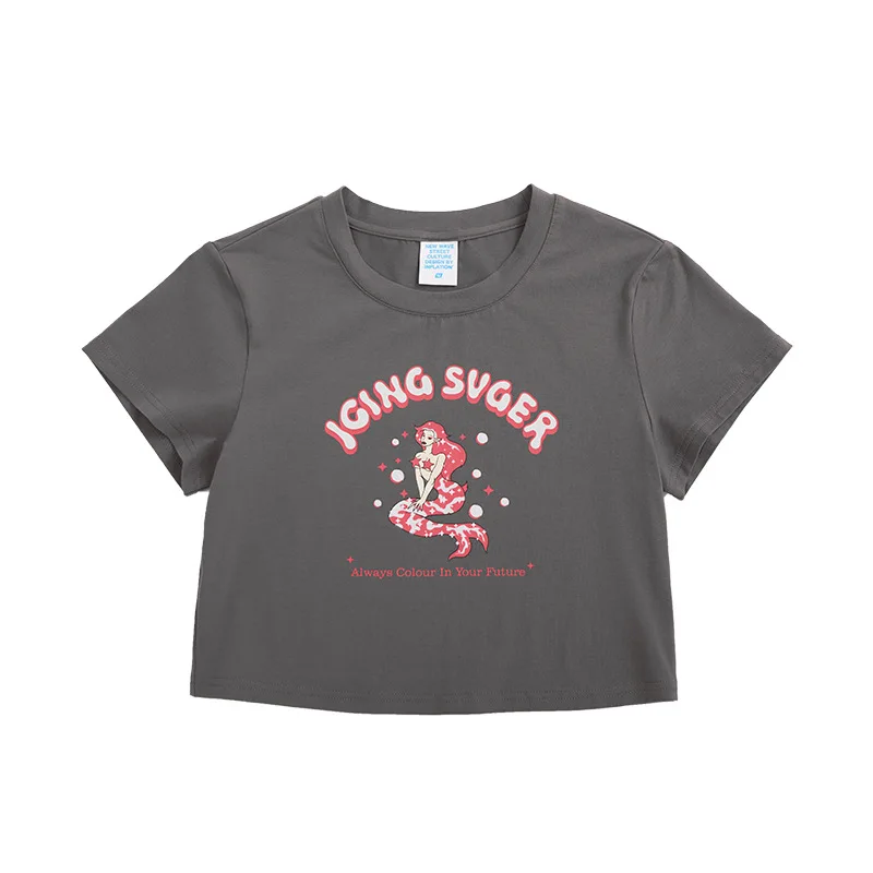 

Tshirt Woman Fashion Sweet Mermaid Print Loose Umbilical Women Short-sleeved T-shirt Spring Summer Cotton Top High Quality