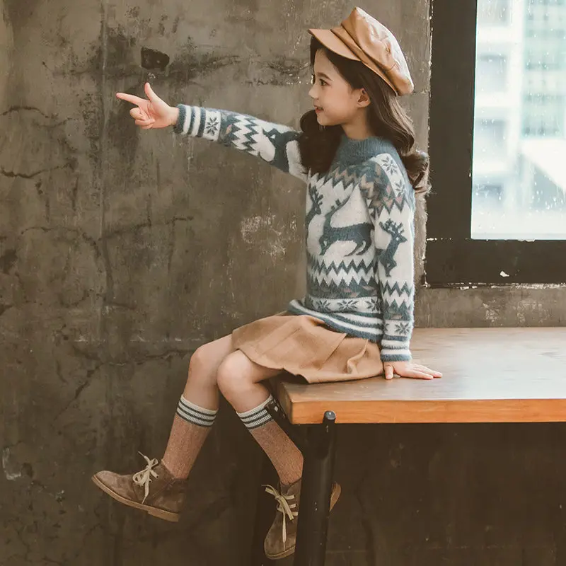 Детский свитер с оленем Новогодняя одежда для маленьких девочек облегающая