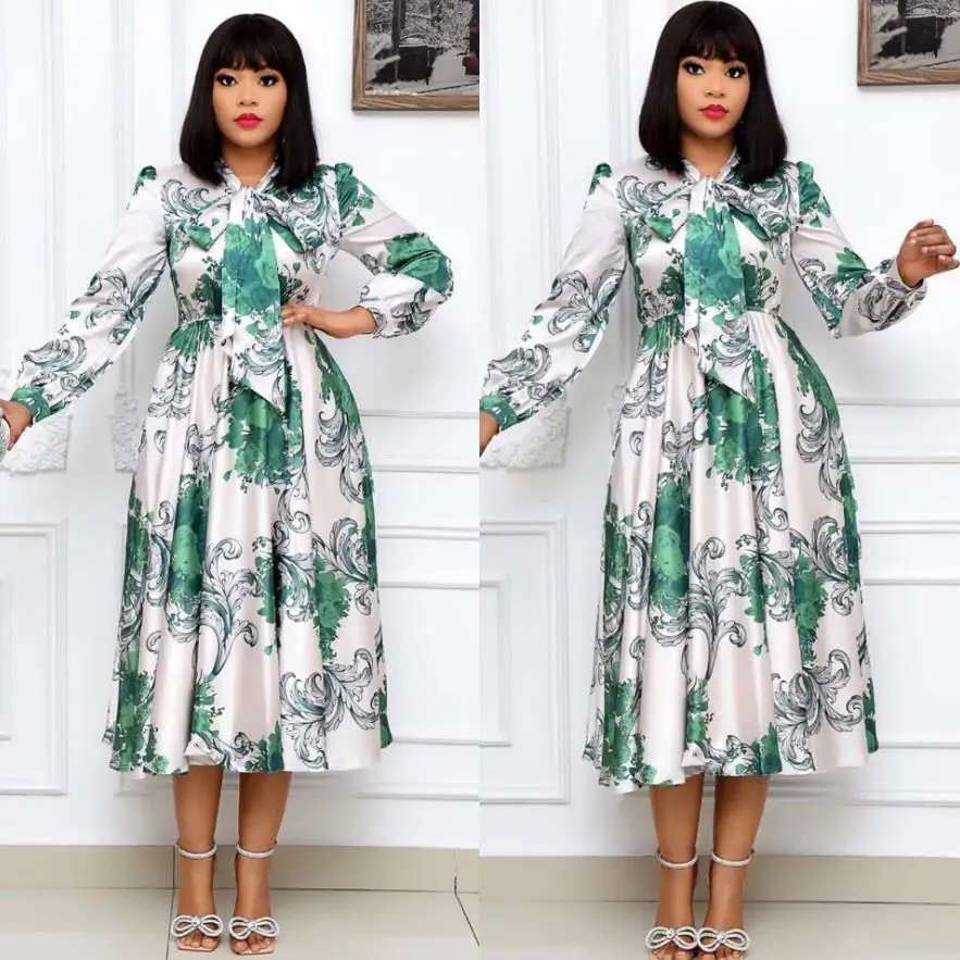 

Bow O-Neck Women's Plus Size Ruched Dress Fashion Satin Printing Long Sleeve Mini Dress S~3XL