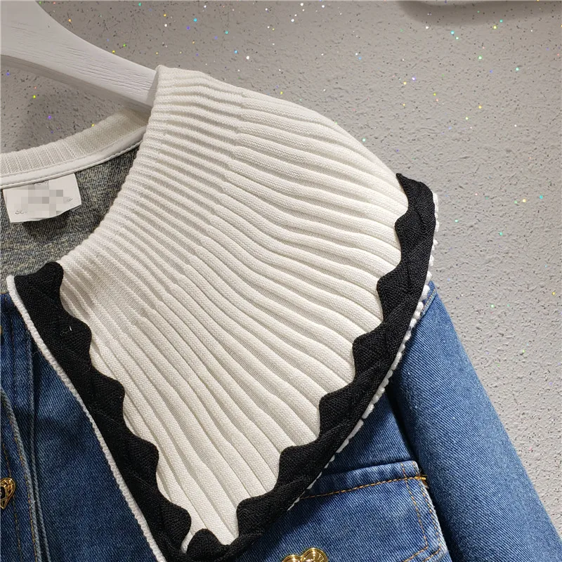 VANOVICH European and American White Lotus Leaf Collar Stitching Casual Denim Shirt 2022 Spring Autumn New Womens Tops | Женская одежда