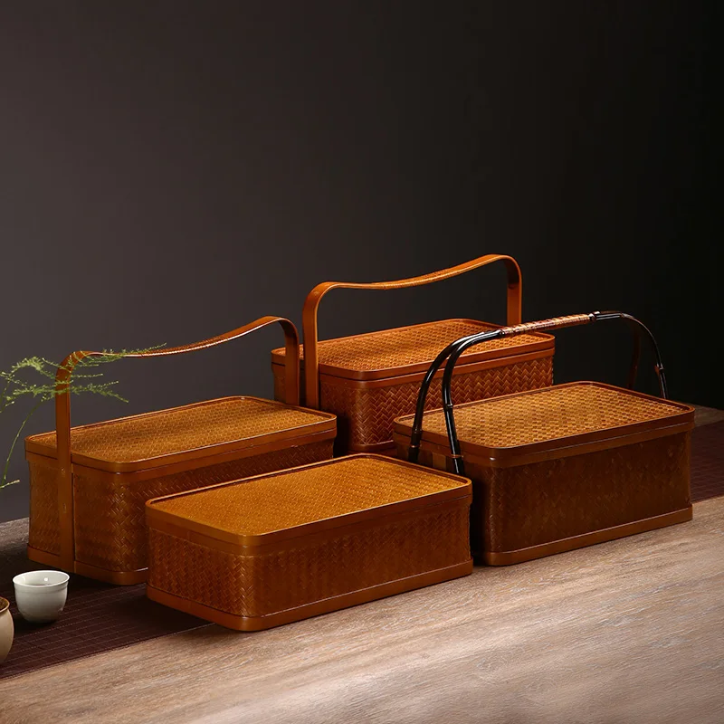 

Bamboo basket retro tea set storage basket Kung Fu tea set storage box Chinese double-layer box.