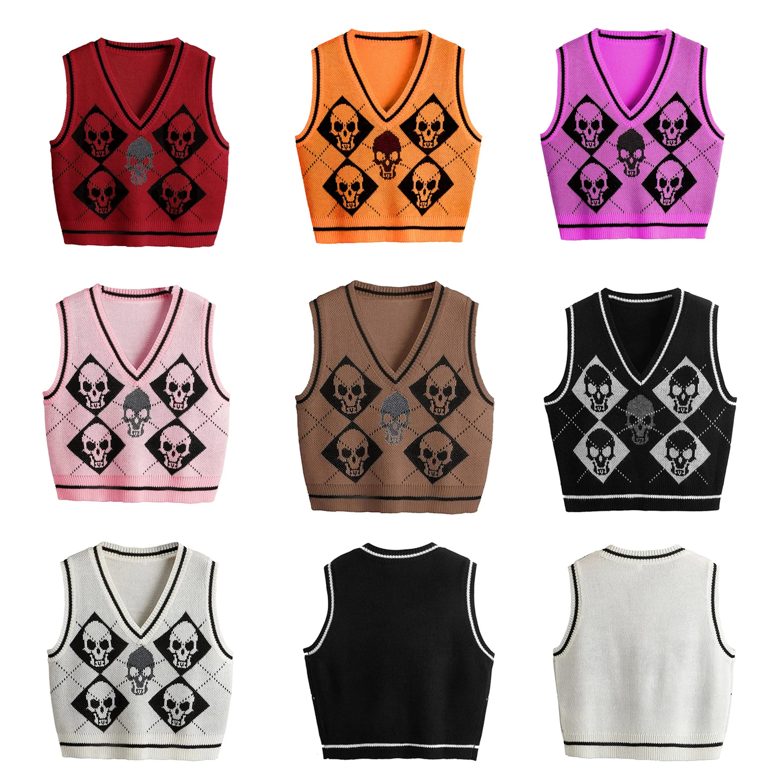 

Vintage Y2K Gothic Sweater Vest Ladies Female Women Skull Argyle Print V-neck Sleeveless Pullover Fashion Jumper Tops for Daily