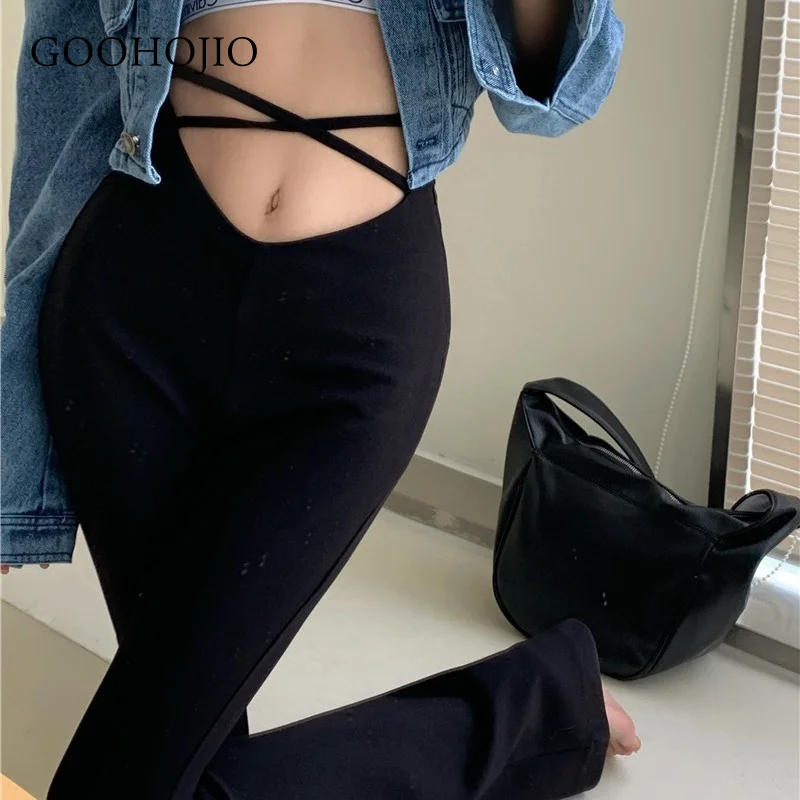 

GOOHOJIO 2021 New Spring and Autumn Sexy High Waist Flare Pants Women Thin Chic Trousers for Ladies Casual Women Bandage Pants