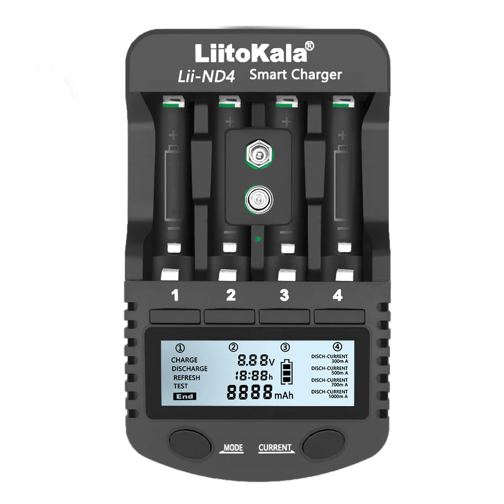 

LiitoKala Lii-ND4 1.2V NiMH/Cd charger AA AAA charger LCD Display and Test battery capacity For 1.2V aa aaa and 9V batteries.