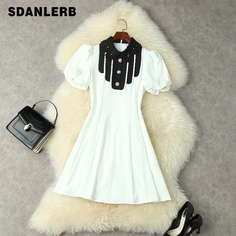 

2021 Summer Women's Clothing Embroidery Beads Doll Collar Dress Tight Waist Slimming Short Puff Sleeve Mid-length Dress