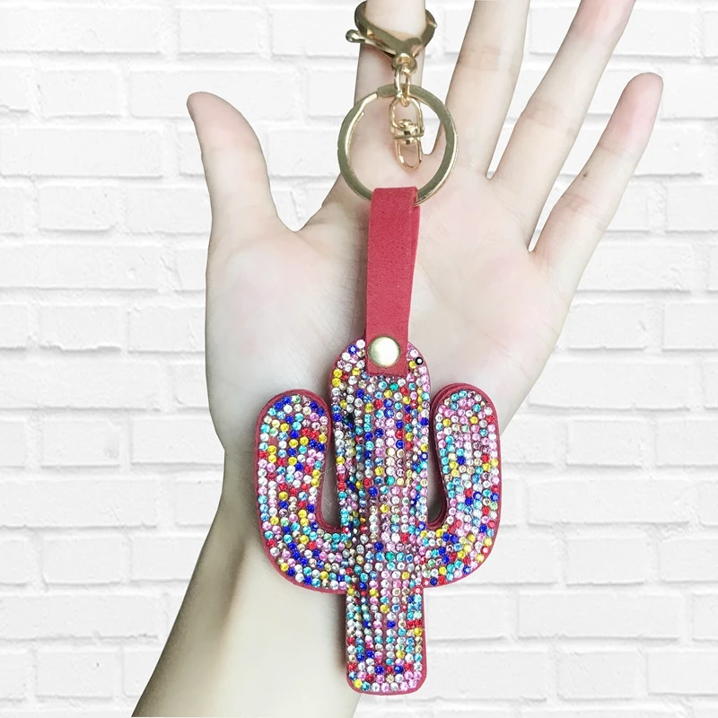 Cute Cactus Shiny Keychain Red Color Rhinestone Tassel Key Chain Keychains For Women Car Bag Accessories Pendant Simple Key Ring
