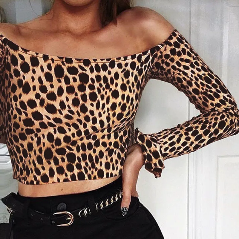 Trendy Women Blouse Off Shoulder Casual Slim pullover Shirts Leopard Print long sleeve Polyester Blouses one pieces | Женская одежда