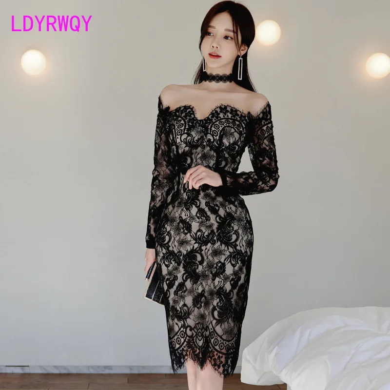 

Женское платье 2021 весеннее платье новый продукт как у знаменитостей темперамент слово плечо воротник протрите груди кружево