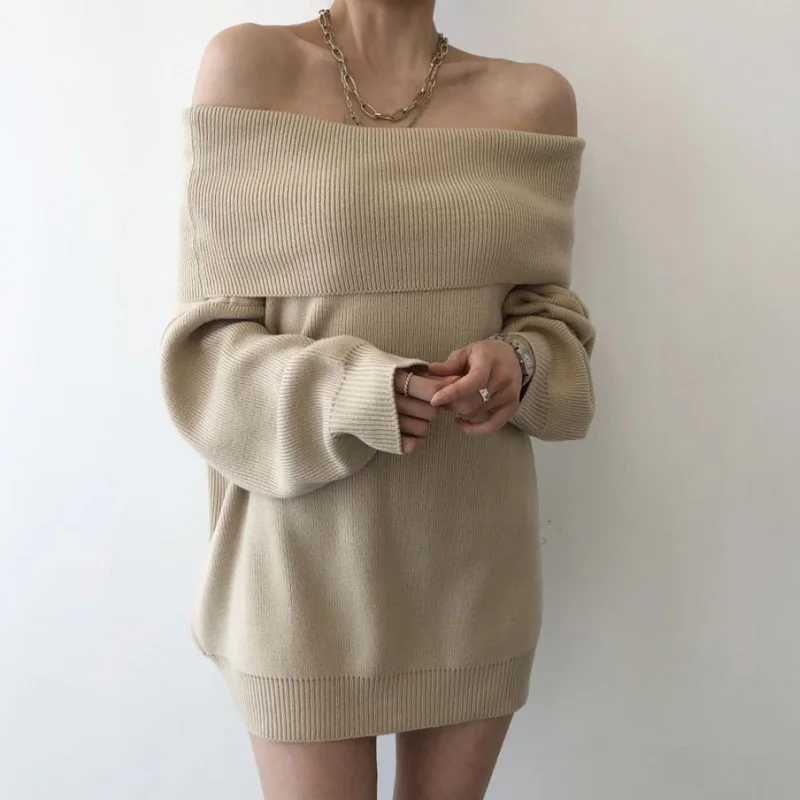 

Модное сексуальное платье-свитер с воротником-лодочкой, женские вязаные платья с длинным рукавом на осень и зиму, женский корейский пуловер...