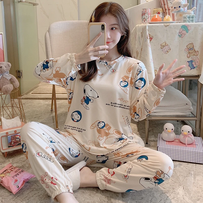 

Autumn Winter New Women Long Sleeve Pajamas Set Round Neck Cartoon Leopard Print Pyjamas Set Female 2 Piece Home Sleep Wear Suit