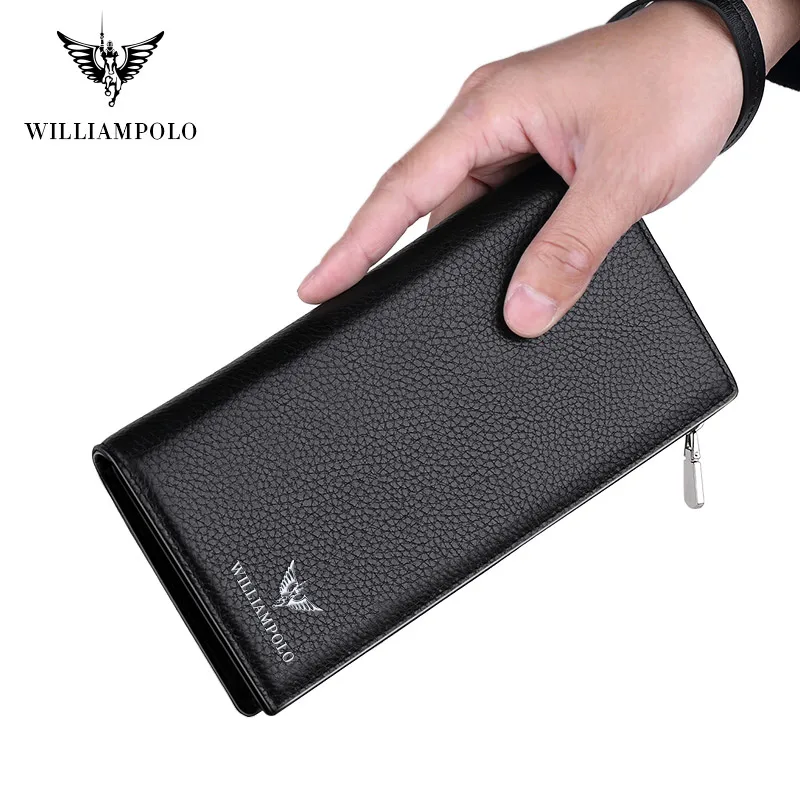 Длинный мужской кошелек WilliamPOLO деловой бумажник из натуральной кожи на молнии с