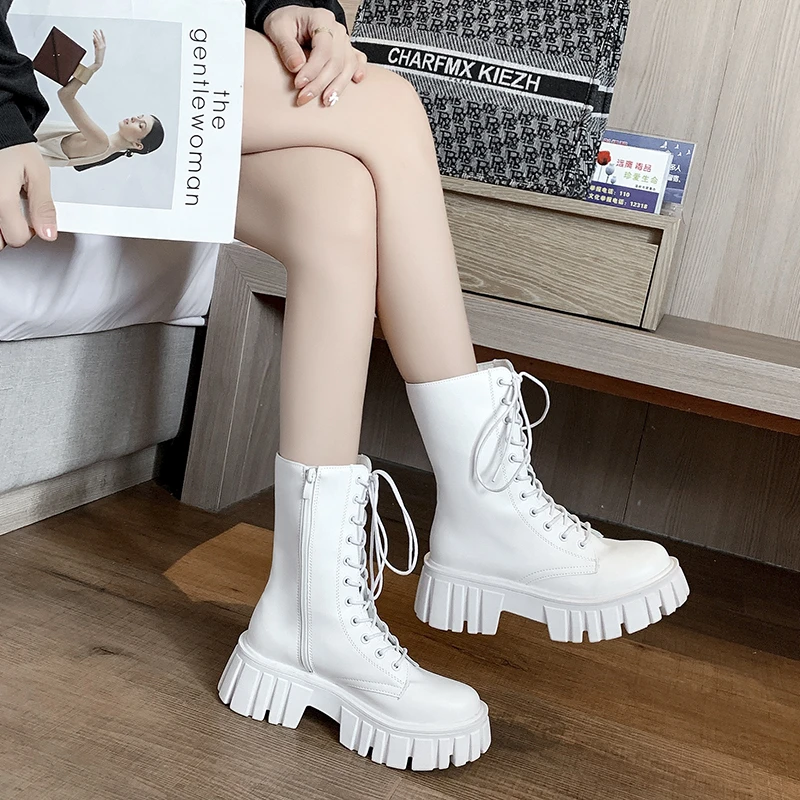 

QZ62 Boots For Women Fashion Autumn Modern PU Round Toe Side Zipper Lace-Up Mid-Calf High Goth Boot Platform kawaii Lolita shoes