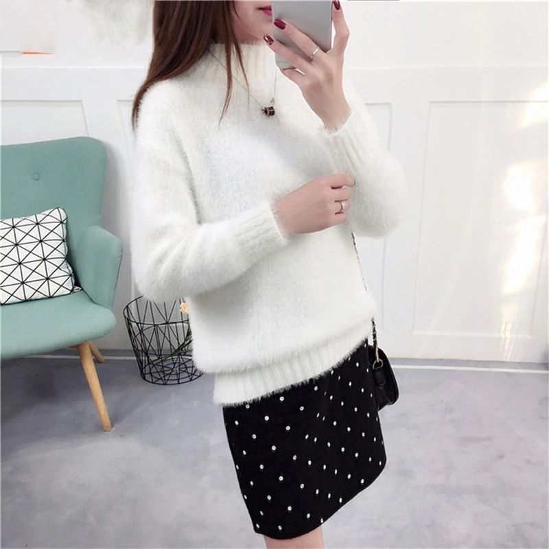 Кашемировый свитер для женщин белый зимний шерстяной мохеровый бархатный