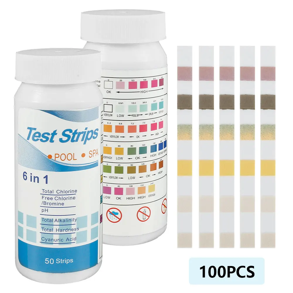 

6 in 1 100 pcs Multipurpose Chlorine PH Test Strips SPA Swimming Pool Water Tester Paper