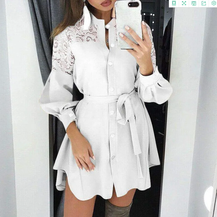 

2021 spring and summer women's sexy fashion lace long sleeve V-neck solid color tie shirt dress women's size