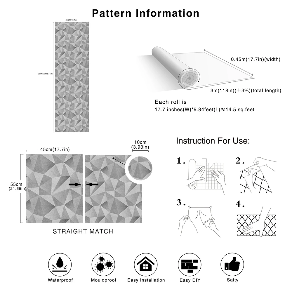 

3M/Roll Modern Geometric Triangle Peel And Stick Wallpaper Self Adhesive Removable 3D Effect Wall Decor For Home Bedroom Walls