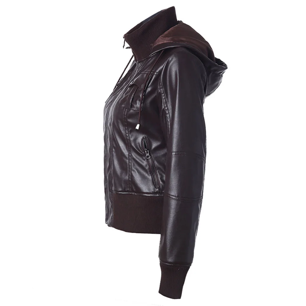 

Autumn Winter Women Casual Leather PU Jackets Leisure Locomotive Motorcycle Pockets Zipper Log Sleeve Hooded Jackets Female