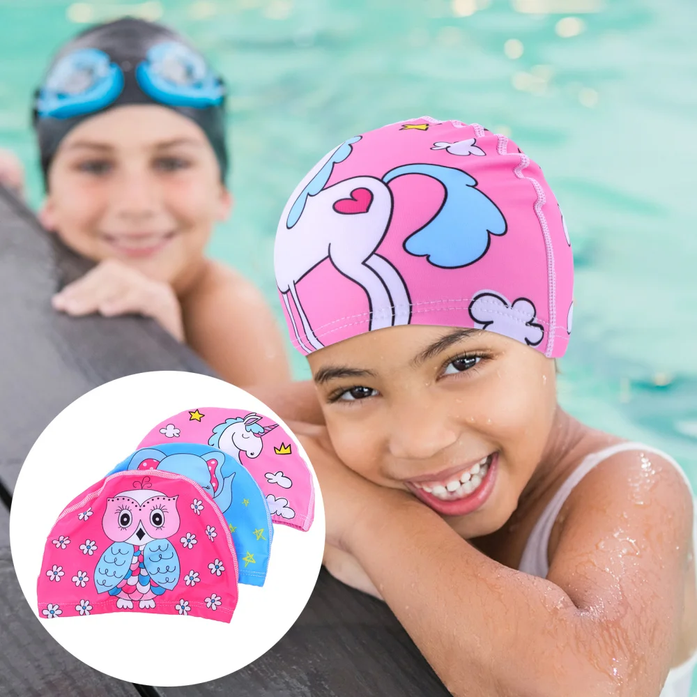 

3pcs Kids Printing Swimming Cloth Caps Cartoon Elastic Swim Caps Bathing Caps