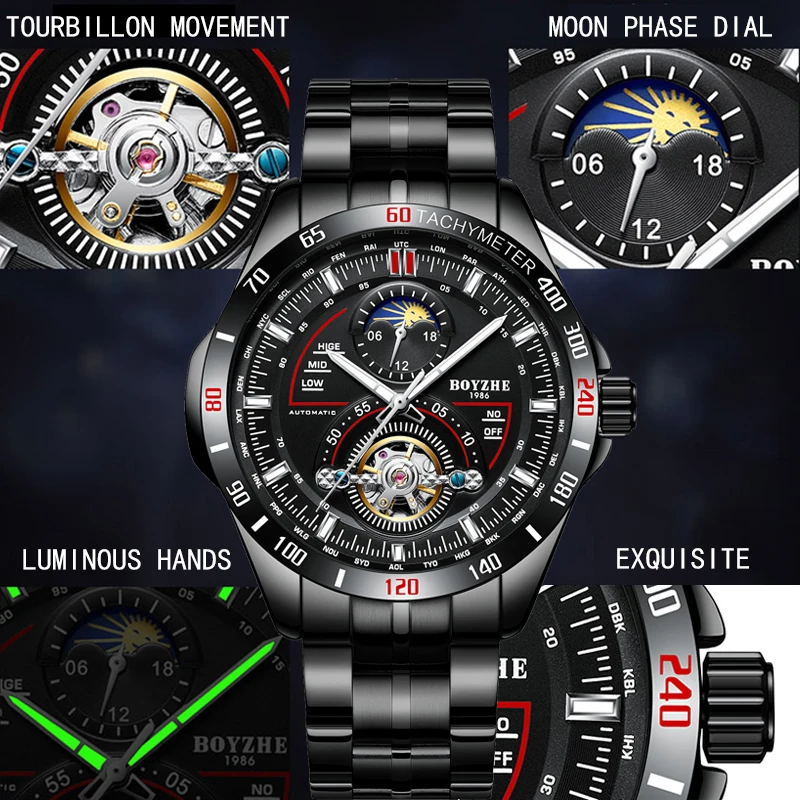 BOYZHE новые мужские автоматические часы из нержавеющей стали с турбийоном и
