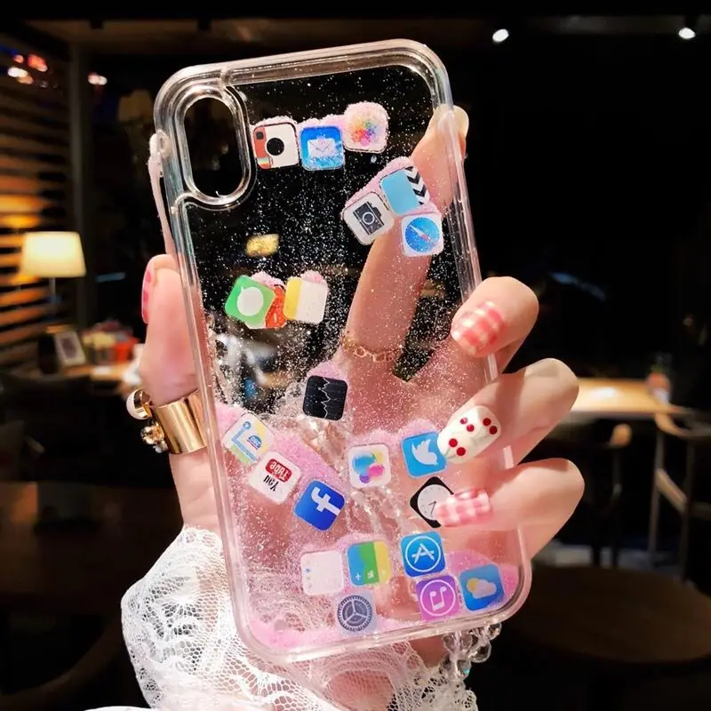 Прозрачный чехол из закаленного стекла с динамическим жидким блеском для iPhone 8 X 7