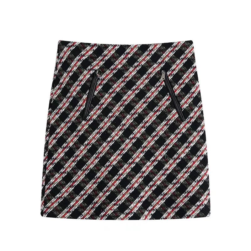

TRAF Women 2021 Fashion Front False Pockets With Zips Tweed Mini Skirt Vintage High Waist Back Zipper Female Skirts Streetwear