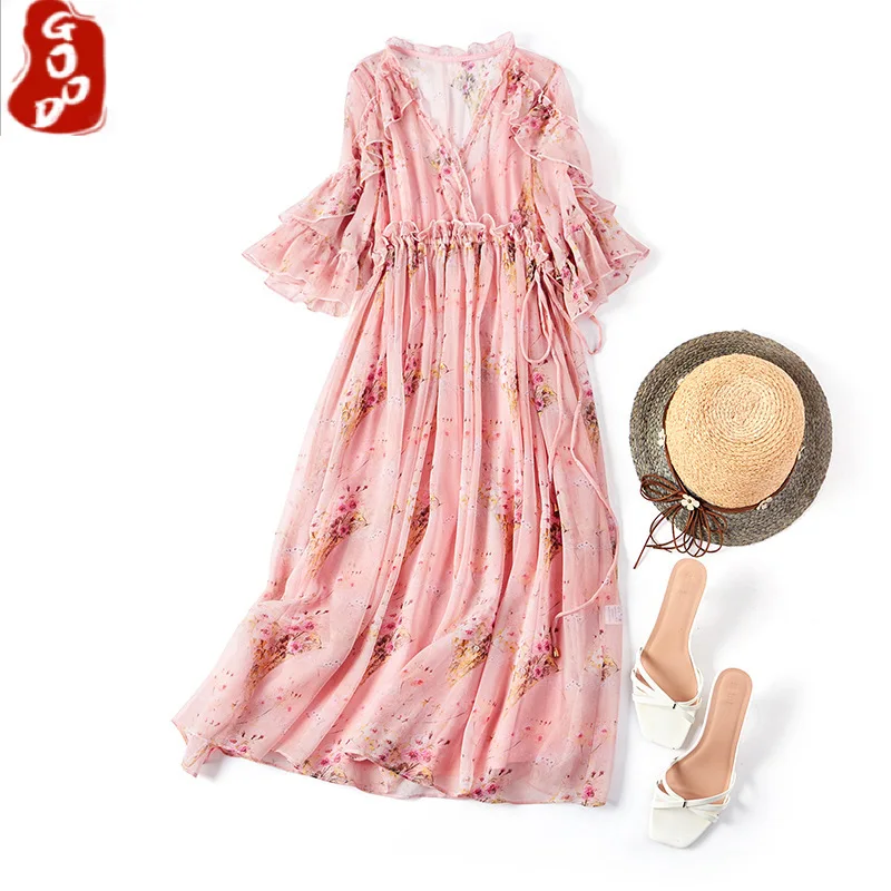 

Summer Dress 2021 100% Silk Short Sleeve Dress Korean Elegant Dresses for Women Casual Pink Midi Clothes Vestido De Mujer