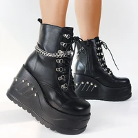 brand design gothic style ins hot sale fashion boots women shoes autumn punk black high heels platform wedges boots female