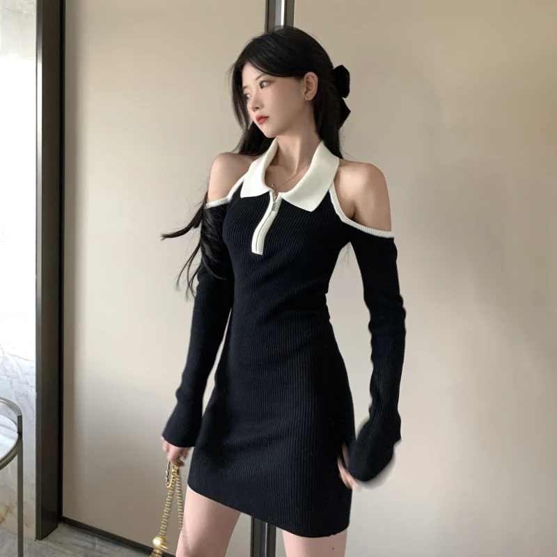 

Women's Knitted Dress 2021 Spring New Elegant Slim-Fit Sexy off-Shoulder Mid-Length High Waist Package Hip Skirt