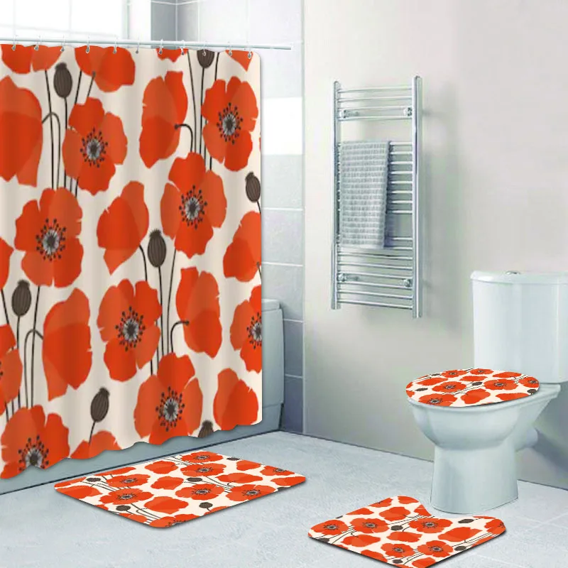 Shabby Chic Yellow Poppy Poppies Shower Curtain Bathroom 3D Red Floral Bath Rug Mat for Toilet Flowers Home Decor | Дом и сад