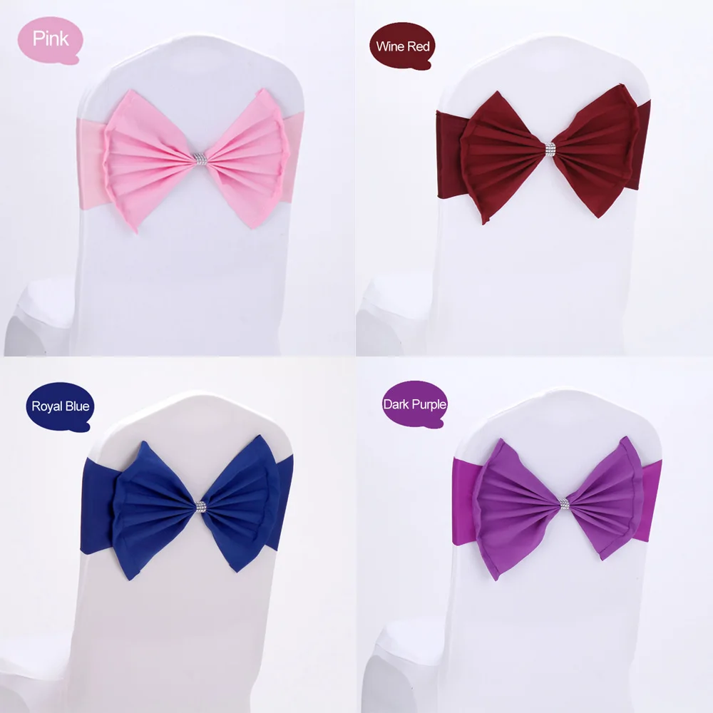 

Hot 100pcs/lot Ceremony Party Decor Pink/Blue/Purple Stretch Spandex Bow Tie Chair Sash Band With Diamond Buckle For Wedding