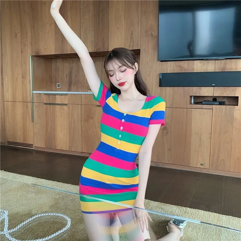 

Summer new Korean style round neck color dress tight-fitting hip mini dress sexy slim slim temperament stripes