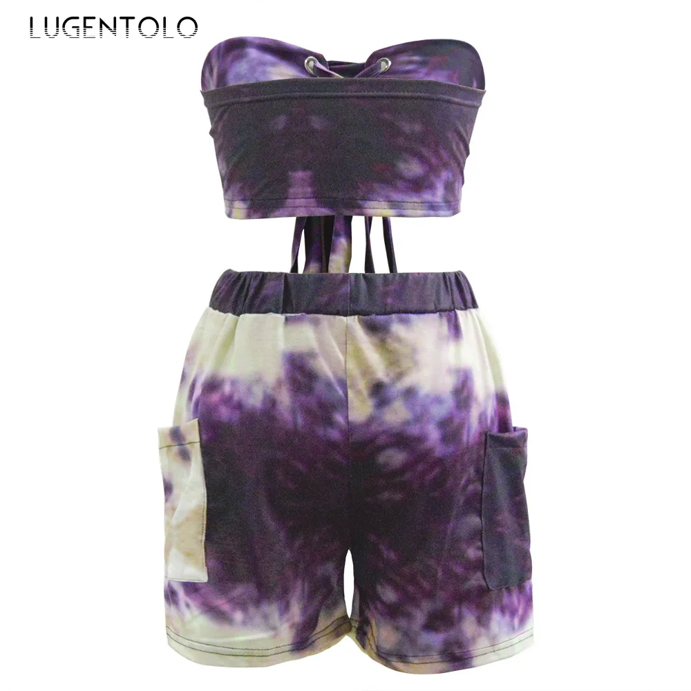 

Women's Two Piece Set Summer Tie-Dye Printed Sexy Lace-up Strapless Bandage Tops Fashion Straight Shorts New Sets Lugentolo