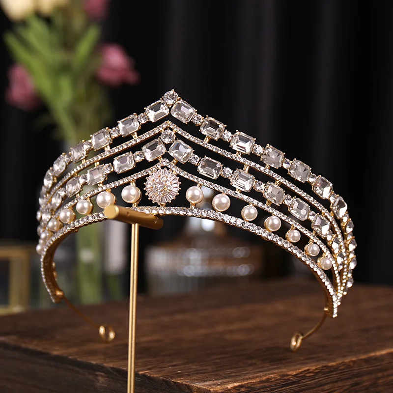 

Baroque Bridal Crystal Pearl Crowns Bride Rhinestone Alloy Tiaras For Women Wedding Hair Accessories