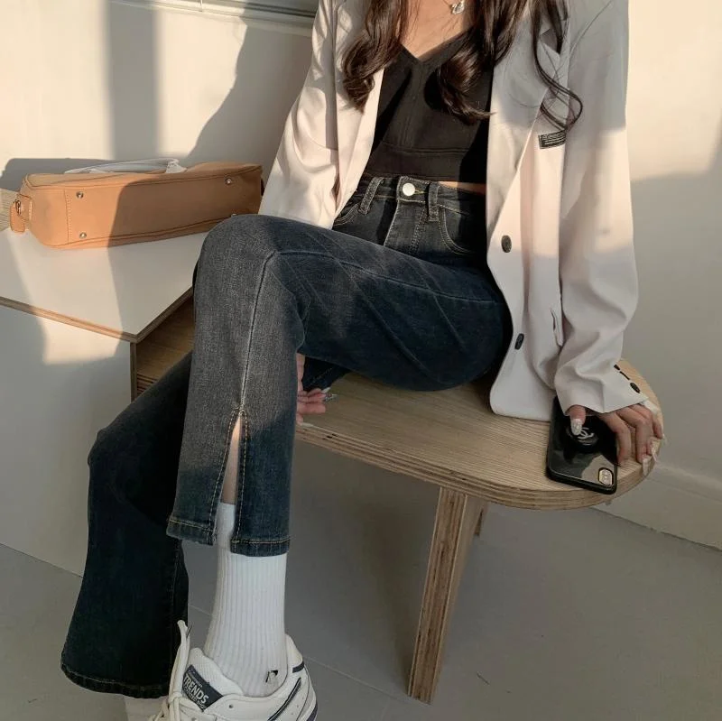 

Black 2021 Autumn Jeans New High Waist Slim Versatile Split Elastic Jeans Women's Straight Wide Leg Pants Fashion