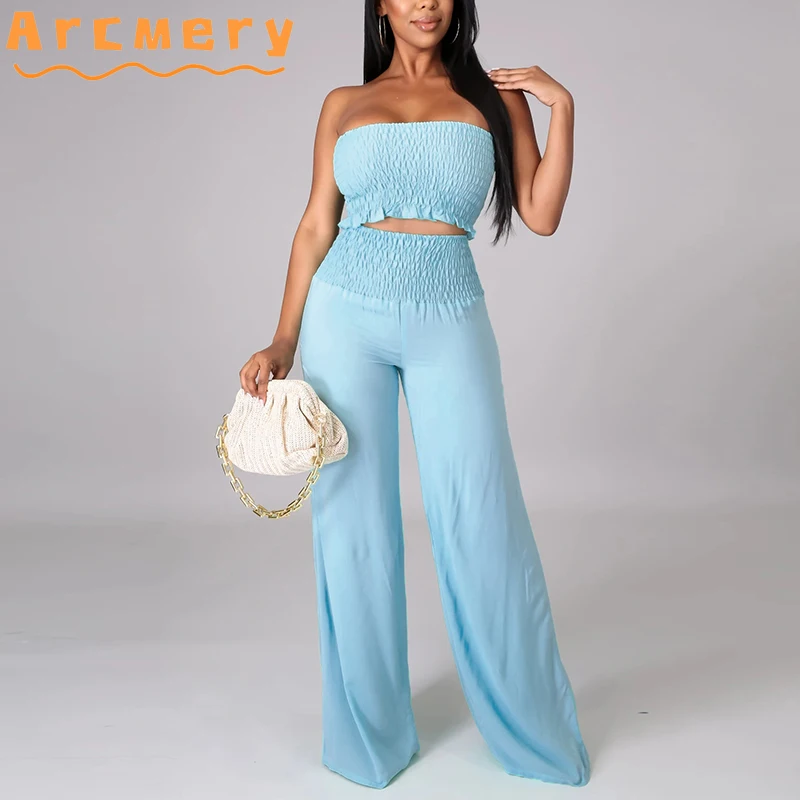 

2 Pieces Pants Sets Women Strapless Top & Wide Leg Pants