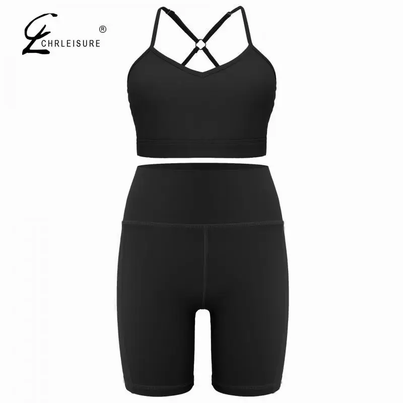 

CHRLEISURE Seamless Sport Set Women Two Piece Suit Sleeveless Crop Top Bra and Shorts Leggings Workout Outfit Fitness Yoga Set