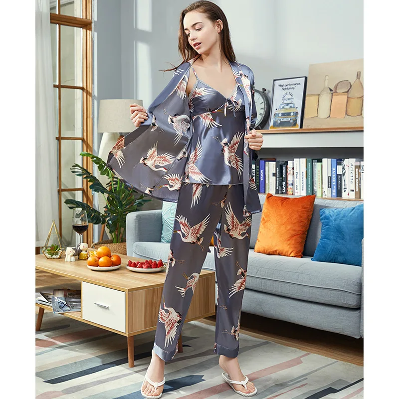 

3 Pcs Women's Pajama Sets Sexy Sleepwear Print Robe Tank Tops Pants Deep V Neck Spring Summer Home Wear Loungewear Solid Pijamas