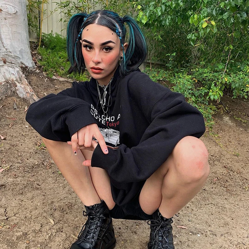 HEYounGIRL панк Харадзюку негабаритный свитер осень черные длинные толстовки для женщин с принтом пуловер с длинными рукавами Зимняя одежда