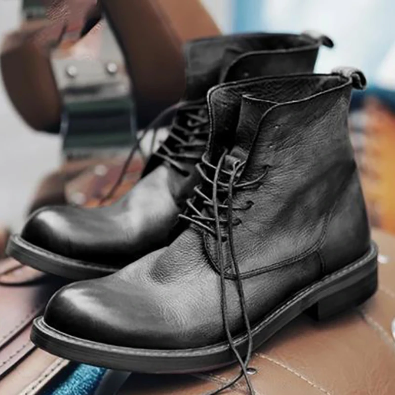 

New Light Luxury Classic Vintage Motorcycle Ankle Boots Men PU Low-Heel Lace-Up Europea and Male Western Outdoor Work Safe Shoes