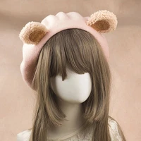 japanese style lolita girls cute bear ear beanies women casual beret hat painter hat artist cap pink bear ear beret decor