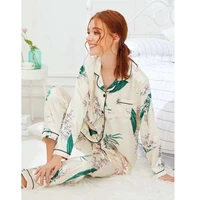 home wear pajamas womens simulation silk popular ins wind plant printing long sleeved trouser suit autumn wm