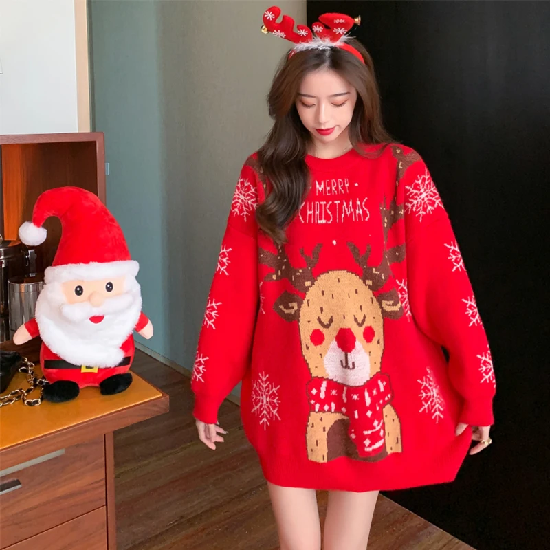 

Лидер продаж 2020, осенне-зимняя одежда, свитер, топы, Рождественский свободный пуховик, милая мягкая вязаная рубашка, олень, пальто, нечеткий ...