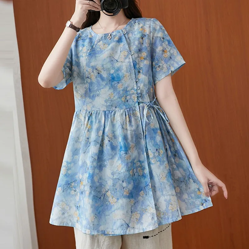 

Women Cotton Linen Casual Shirts New Arrival 2021 Summer Vintage Style O-neck Floral Print Loose Female Short Sleeve Tops S3464